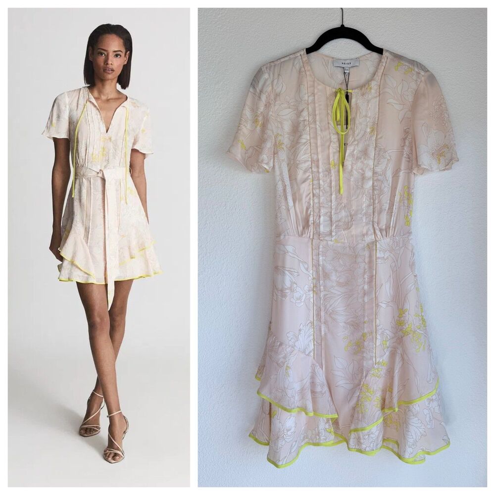 NEW Reiss Carlotta Tie Waist Flippy Mini Dress in Blush Pink & Yellow Size 0